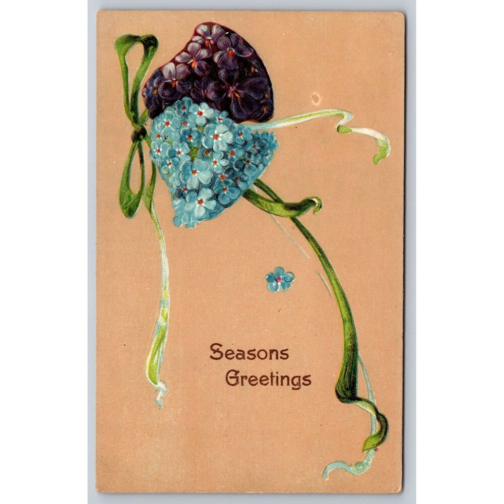 Postcard Seasons Greetings Bells w Purple Blue Flowers Embossed 1910s Unposted